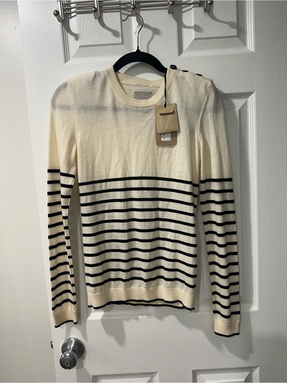 Striped Cream Crewneck Sweater with Button Shoulder